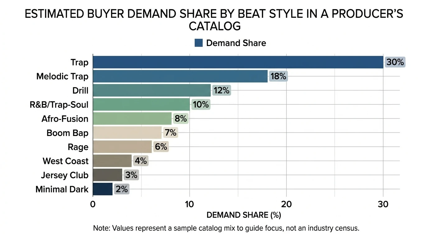 Bar chart showing estimated buyer demand share by beat style in a producer's catalog: Trap 30%, Melodic Trap 18%, Drill 12%, R&B/Trap-Soul 10%, Afro-Fusion 8%, Boom Bap 7%, Rage 6%, West Coast 4%, Jersey Club 3%, Minimal Dark 2%