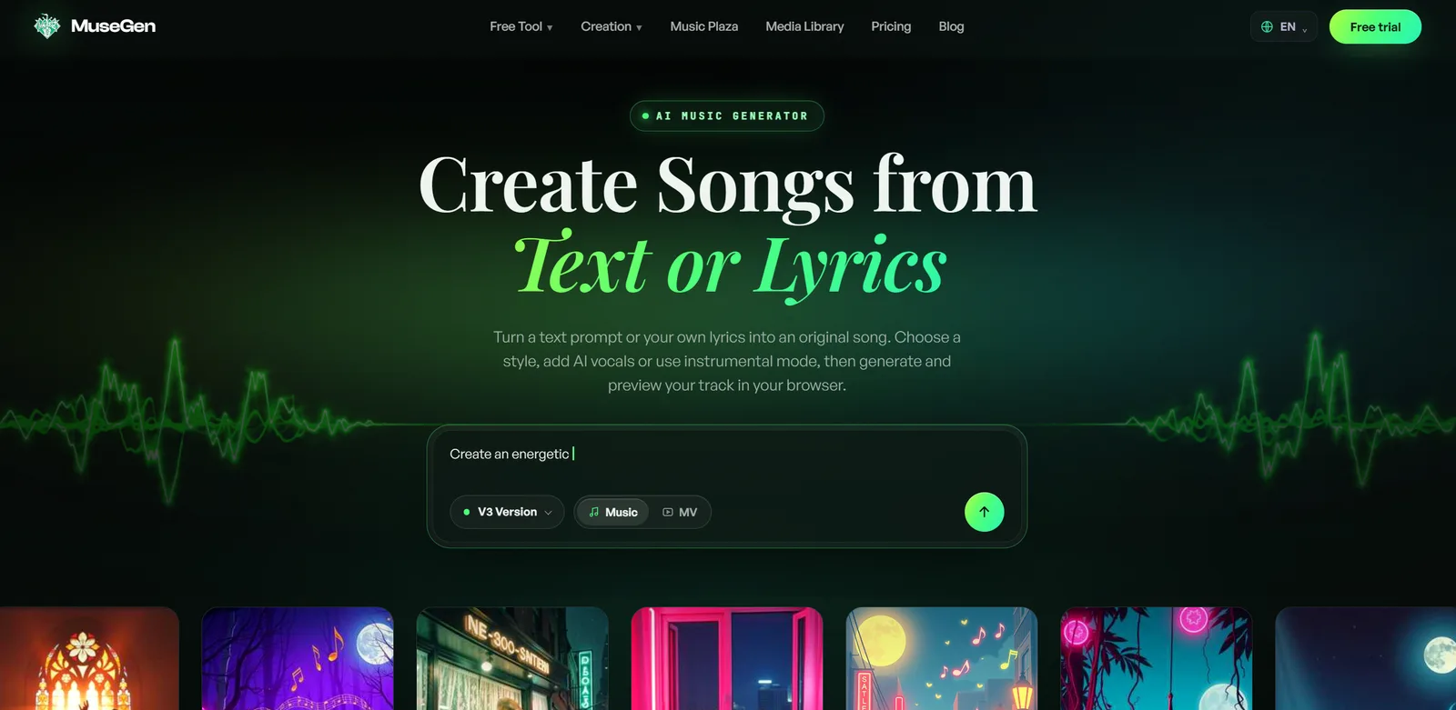 MuseGen home page: create a song from a text prompt or your own lyrics, choose Music or MV mode, then generate and preview the track in the browser