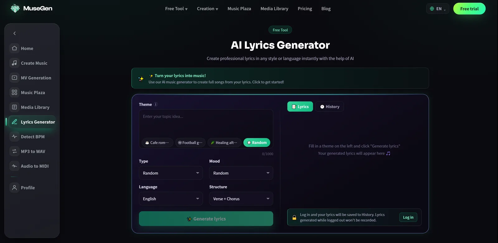 MuseGen free AI Lyrics Generator: enter a theme and choose type, mood, language, and structure such as Verse plus Chorus, then generate structured lyrics
