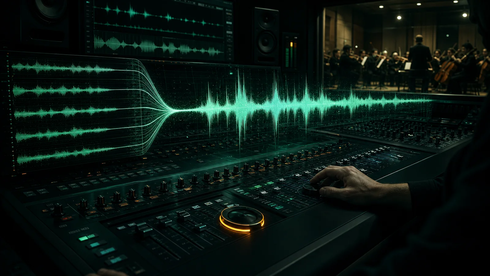 Studio mixing console with multiple audio tracks merging into a master waveform and an orchestra behind the control-room glass