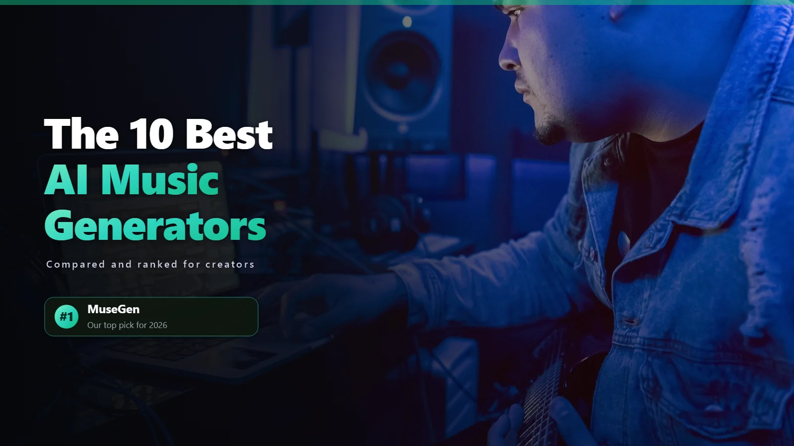 Musician using a laptop with AI music software in a studio for a comparison of the best AI music generators of 2026