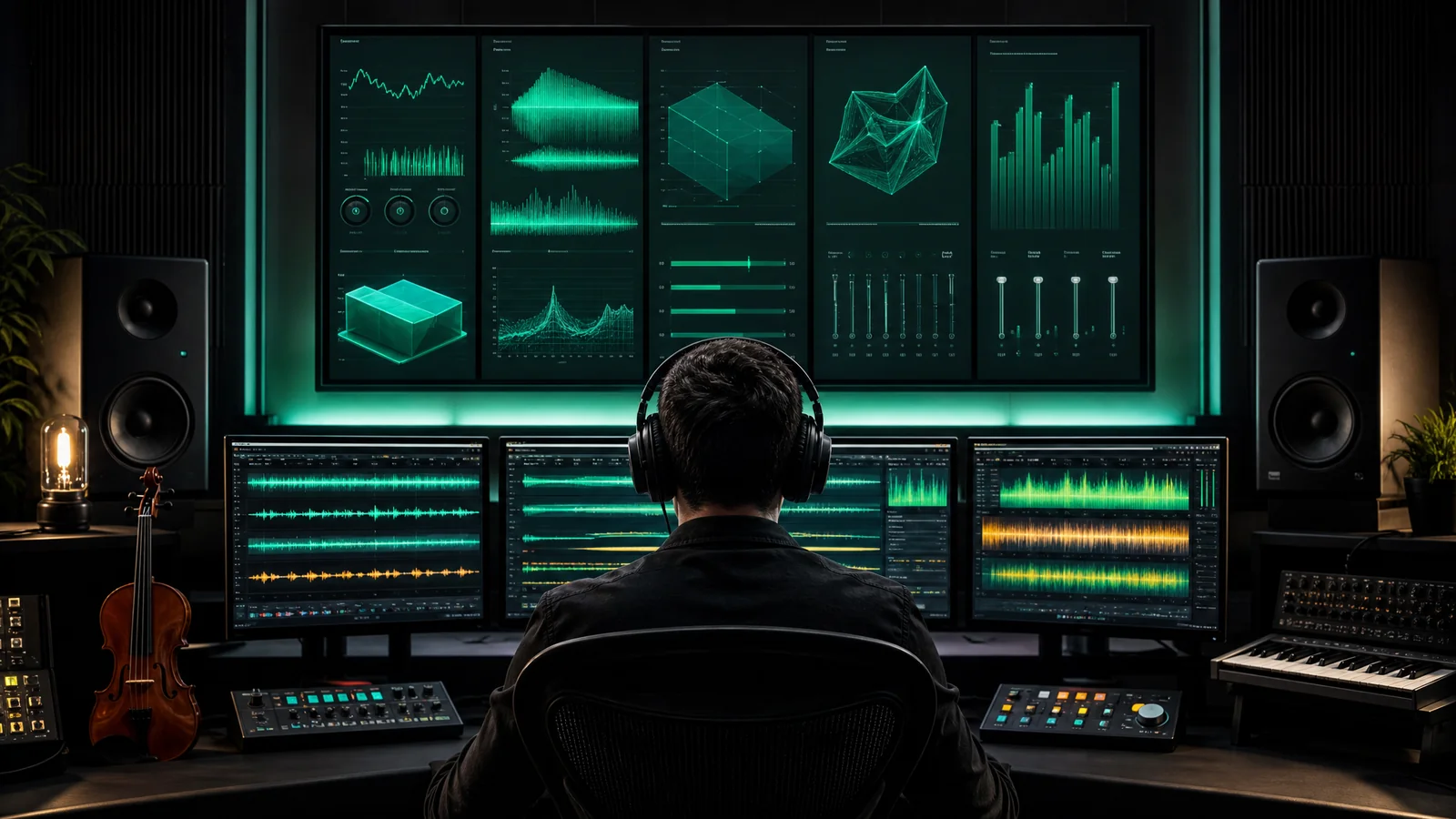 Producer reviewing waveform and spectrum dashboards while scoring AI music generators