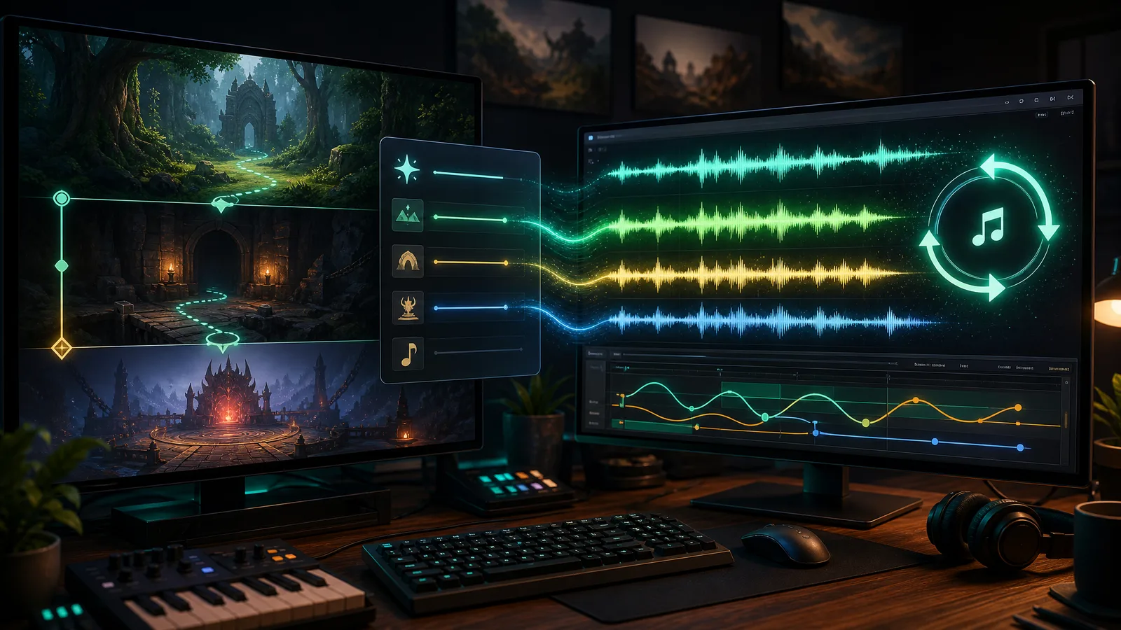 A game developer workstation showing forest, dungeon, and boss-arena levels on one monitor and AI-generated looping music tracks on another — generating level background music with AI