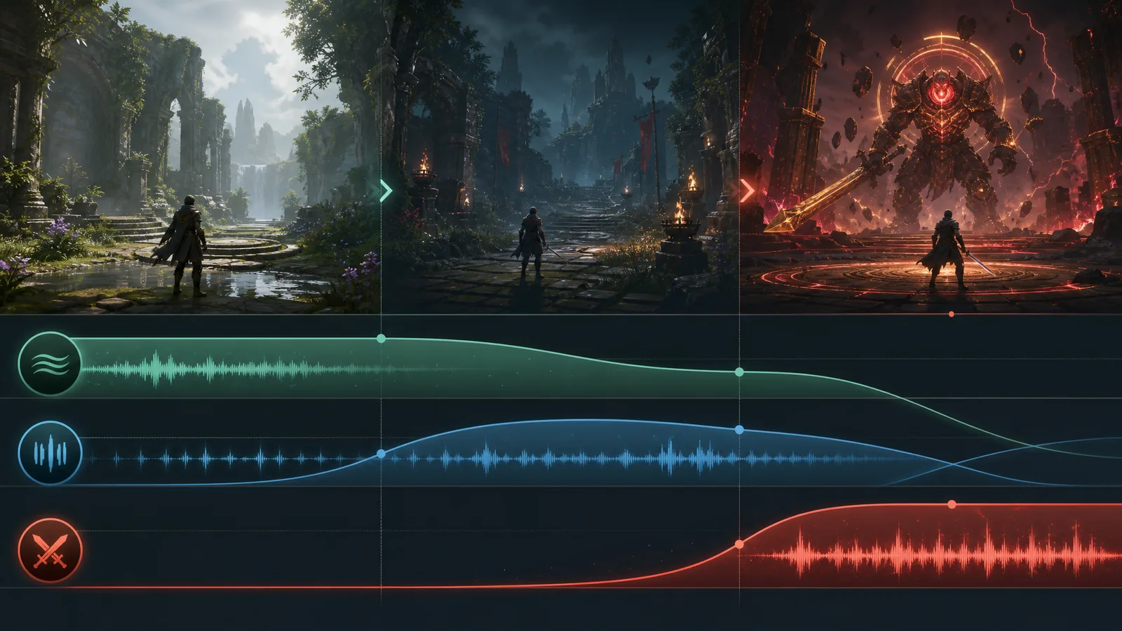 Adaptive game music diagram: calm exploration, rising tension, and boss combat scenes with three audio layers crossfading between them as the game state changes