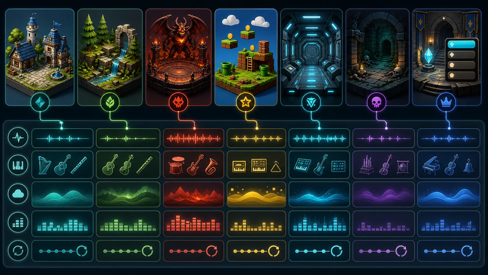 A grid of game level types — town, forest, boss arena, retro platformer, sci-fi corridor, dungeon, and menu — each mapped to AI music prompt ingredients such as mood, instruments, energy, and loopability