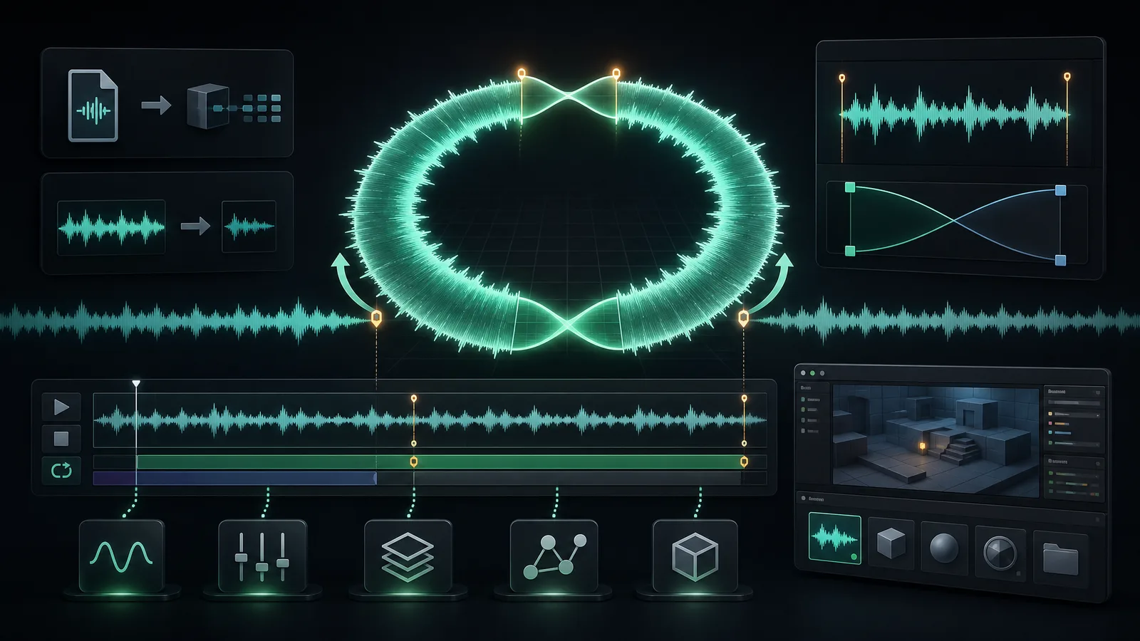 A seamless audio loop visualized as a waveform ring with crossfaded loop points, alongside a game engine timeline showing loop markers and import panels