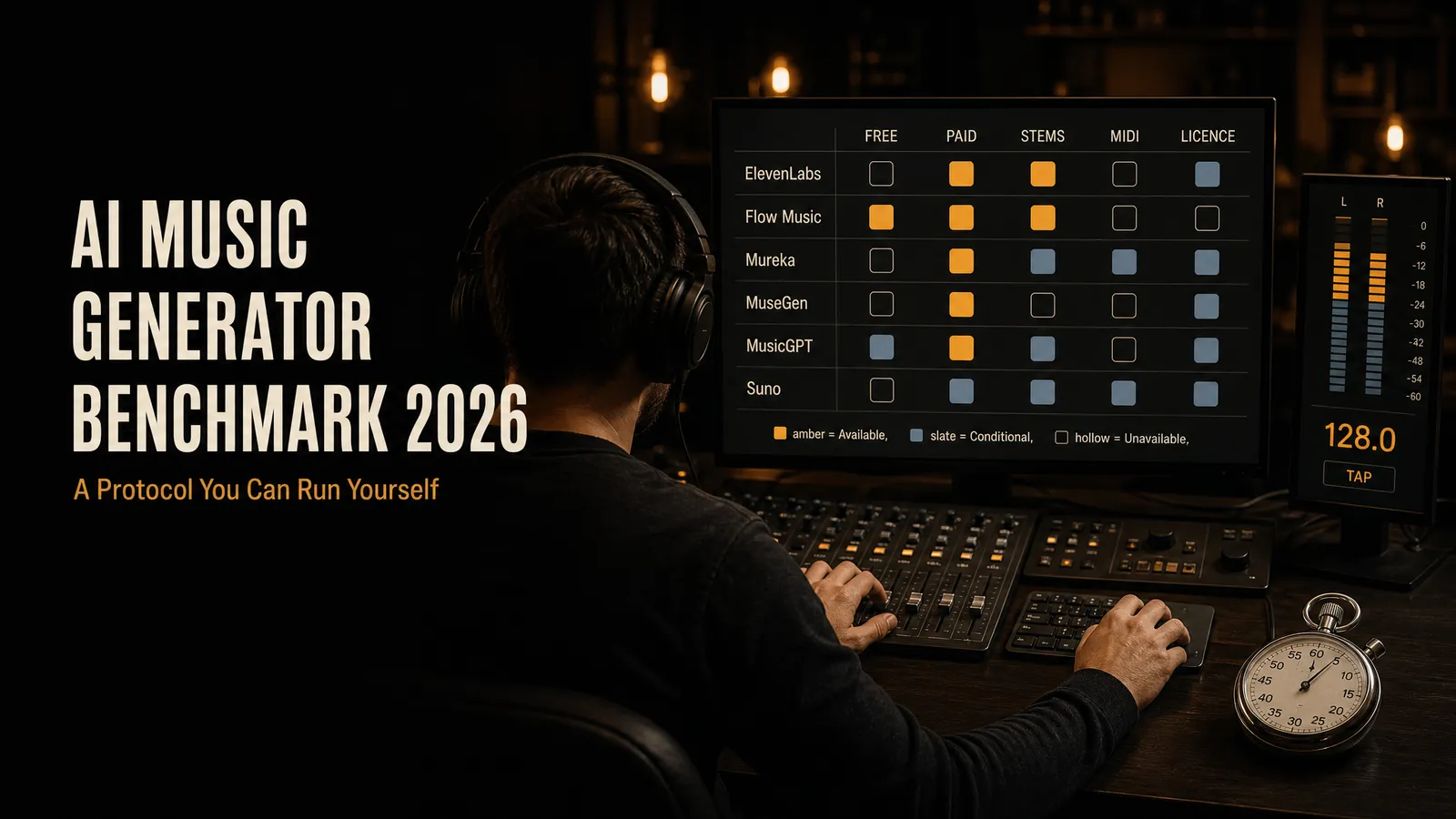 A producer seen from behind in a dark studio, headphones on, one hand on the mixing desk faders and the other on a mouse, facing a monitor that shows a comparison grid of six AI music engines — ElevenLabs, Flow Music, Mureka, MuseGen, MusicGPT and Suno — against five columns: free, paid, stems, MIDI and licence. Amber squares mark what is available, slate squares what is conditional and hollow outlines what is not, and Flow Music holds the only amber square in the free column. A second screen shows a loudness meter and a tempo readout of 128.0, and a mechanical stopwatch lies on the desk