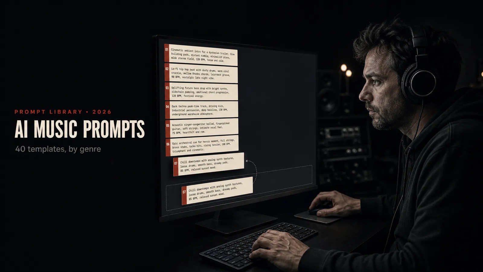 A producer in headphones at a desktop monitor showing a numbered column of ready-made prompt cards in an AI music tool, the seventh card dragged down into the prompt box below