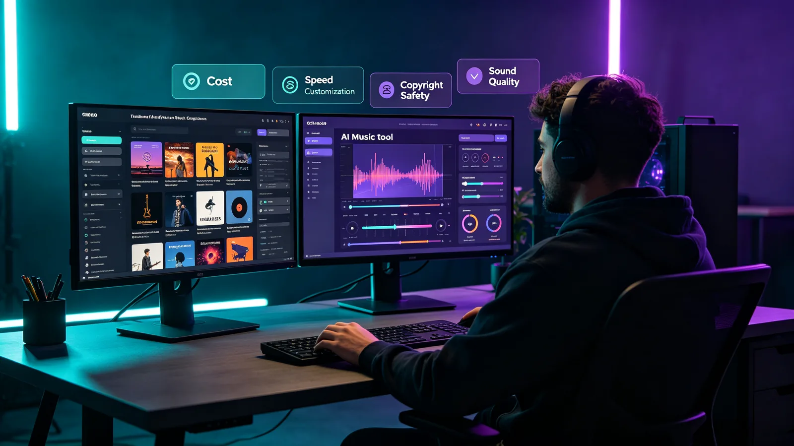 A creator at a dual-monitor desk comparing a curated stock music catalog on one screen with an AI music tool on the other, weighed against cost, speed, copyright safety, and sound quality