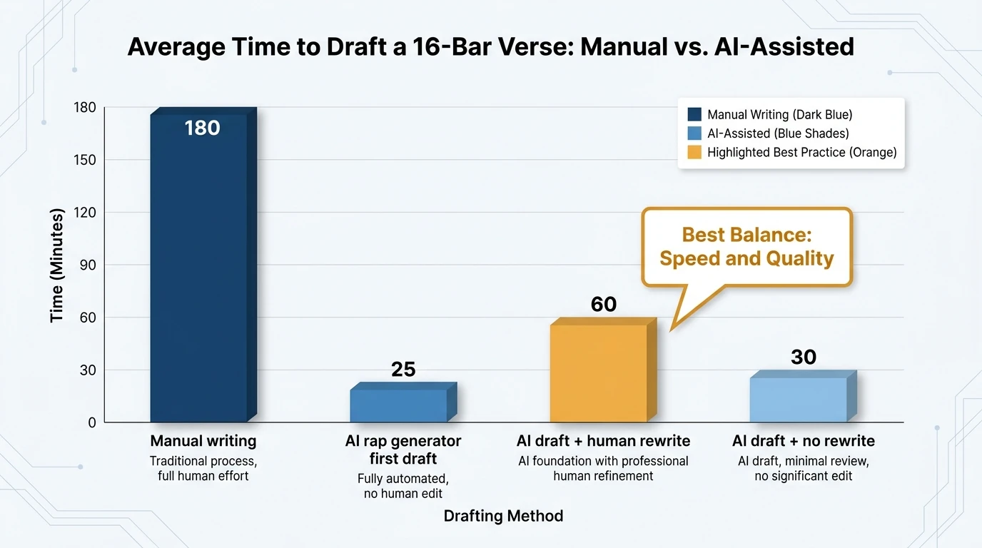 Bar chart showing average time to draft a 16-bar verse comparing manual writing and AI rap generator workflows