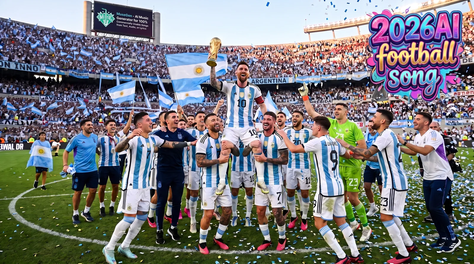 MuseGen AI Music Generator football banner — create 100% commercially usable Argentina World Cup songs from text, audio, or lyrics