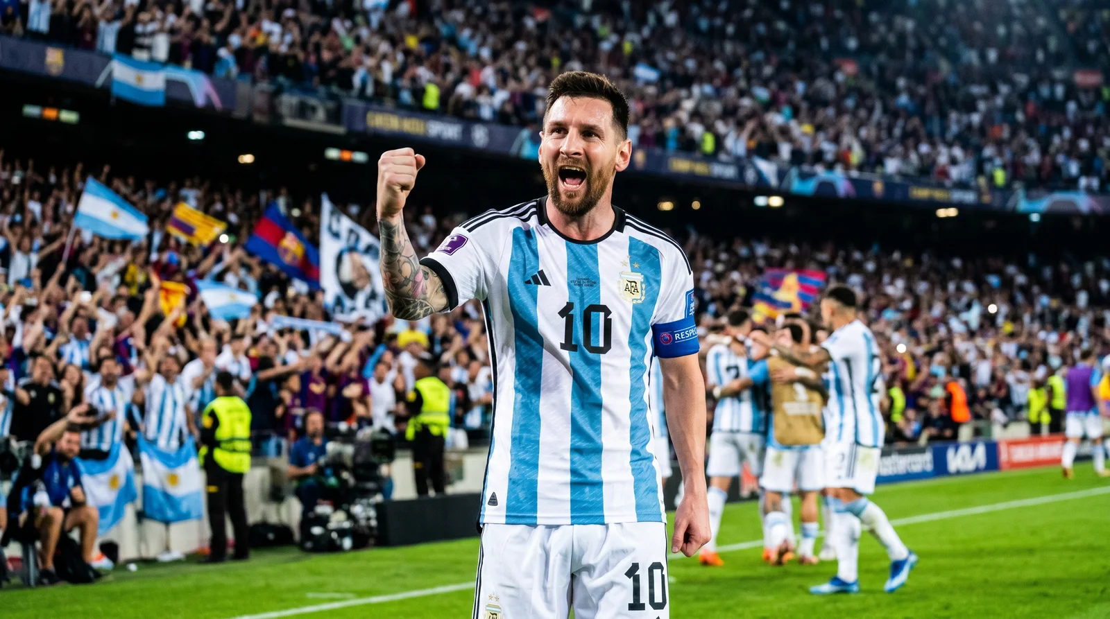 Argentina team celebrating with the World Cup trophy amid sky-blue-and-white flags and confetti — the inspiration for a 2026 AI football song