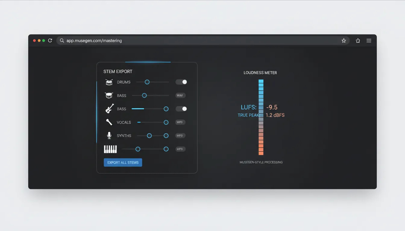 audio mastering online with WAV stems LUFS true peak MuseGen