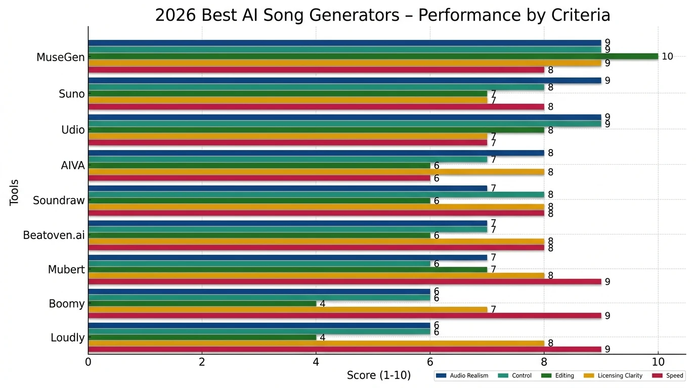 Bar chart showing 2026 best AI song generators scoring across audio realism, control, editing, licensing clarity, and speed