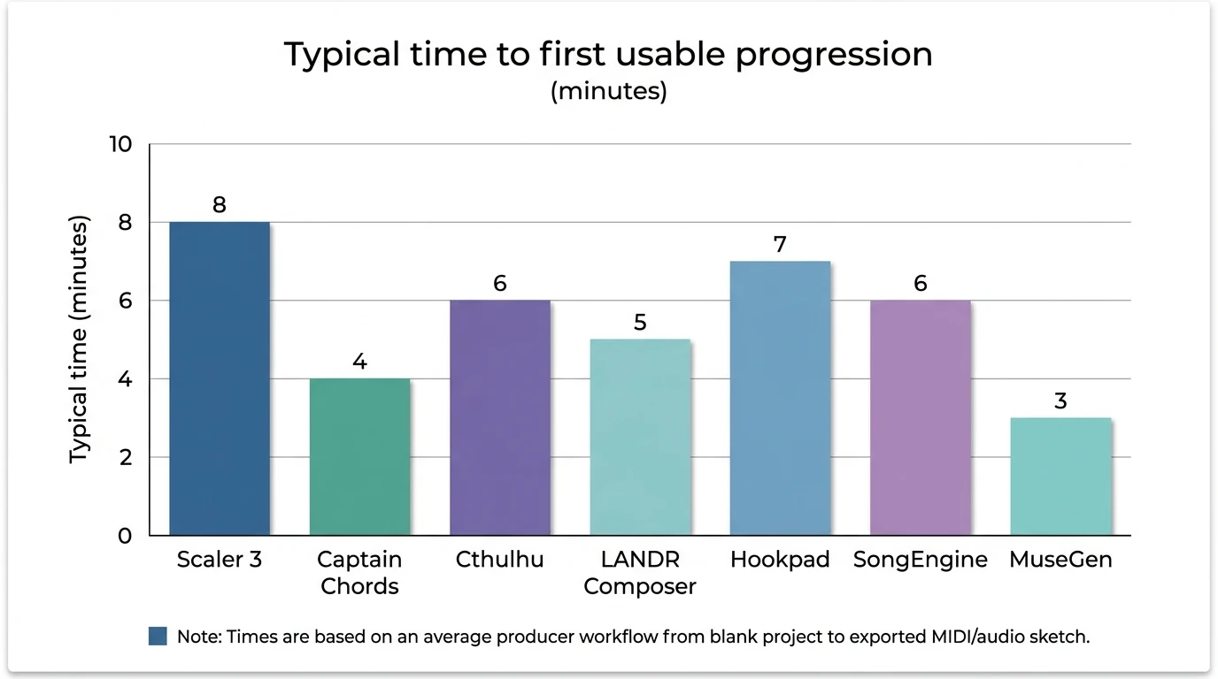 Bar chart showing Typical time to first usable progression in minutes for 7 chord maker tools