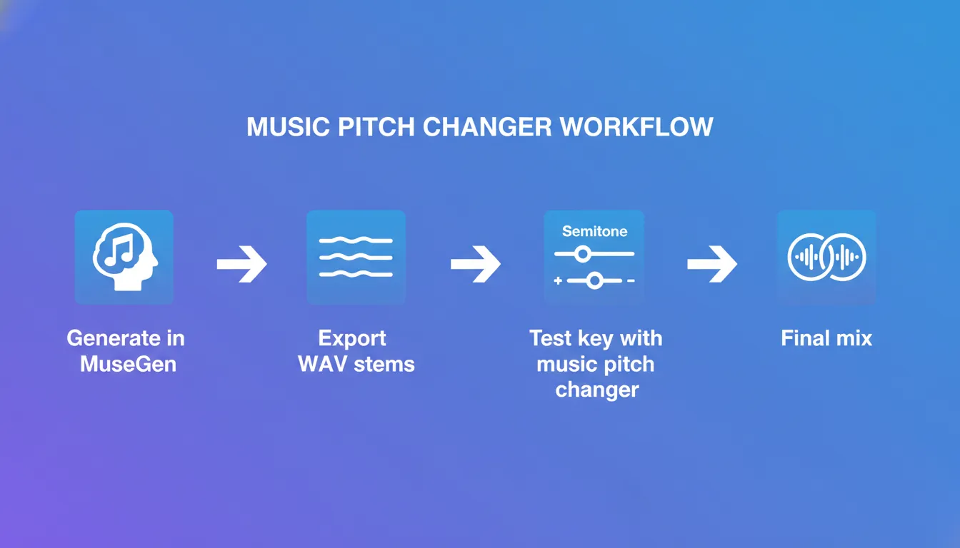 music pitch changer workflow with MuseGen AI music generator, pitch shifting, WAV stems export