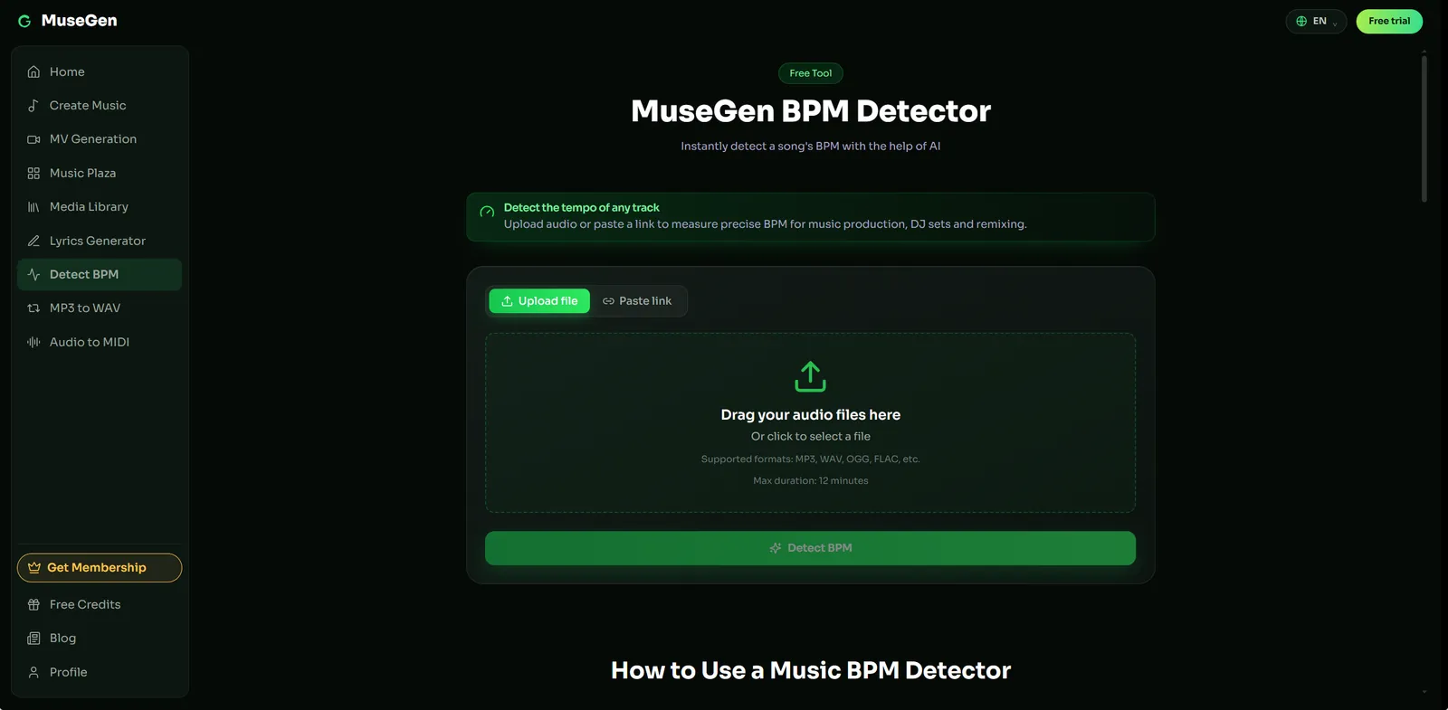 The MuseGen BPM detector page, showing an upload area for an audio file and a detect button that returns a single tempo figure in beats per minute