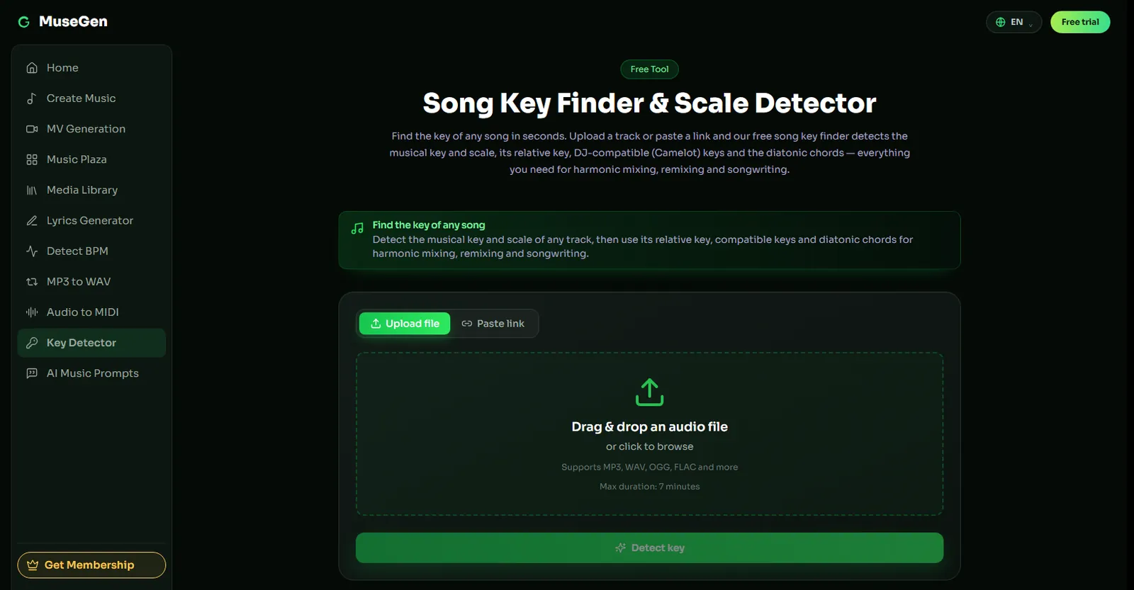 The MuseGen Song Key Finder and Scale Detector page, with an Upload file and Paste link tab pair above a drag-and-drop panel noting MP3, WAV, OGG and FLAC support and a maximum duration of 7 minutes, and a Detect key button below