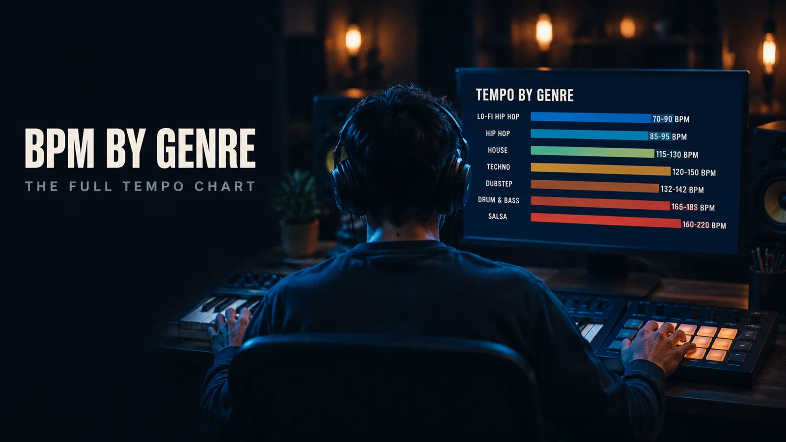 A producer seen from behind at a studio desk, a tempo chart of genre names against BPM values filling the monitor in front of them