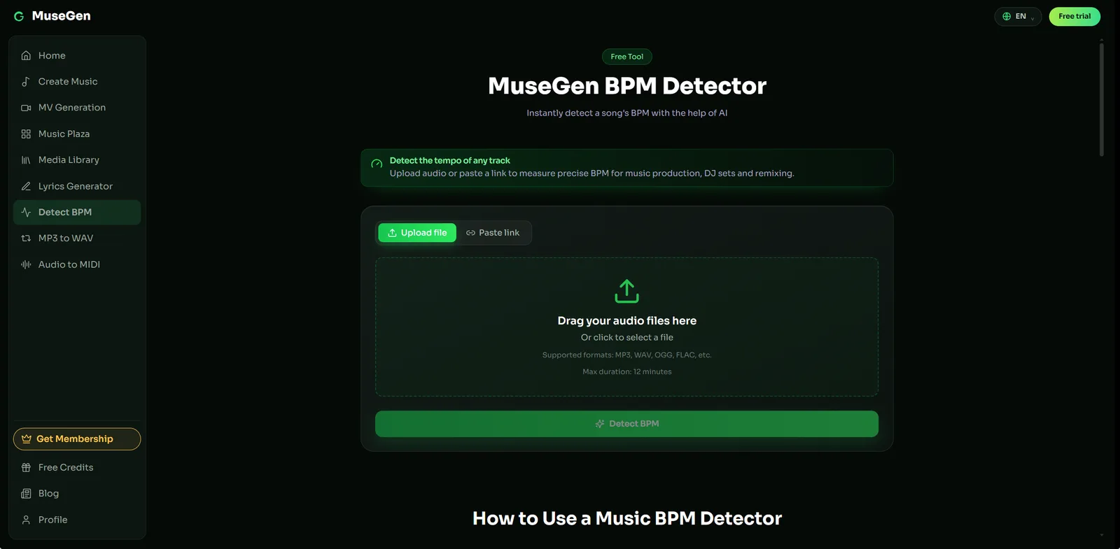 The MuseGen Detect BPM page with an audio file loaded and its tempo displayed