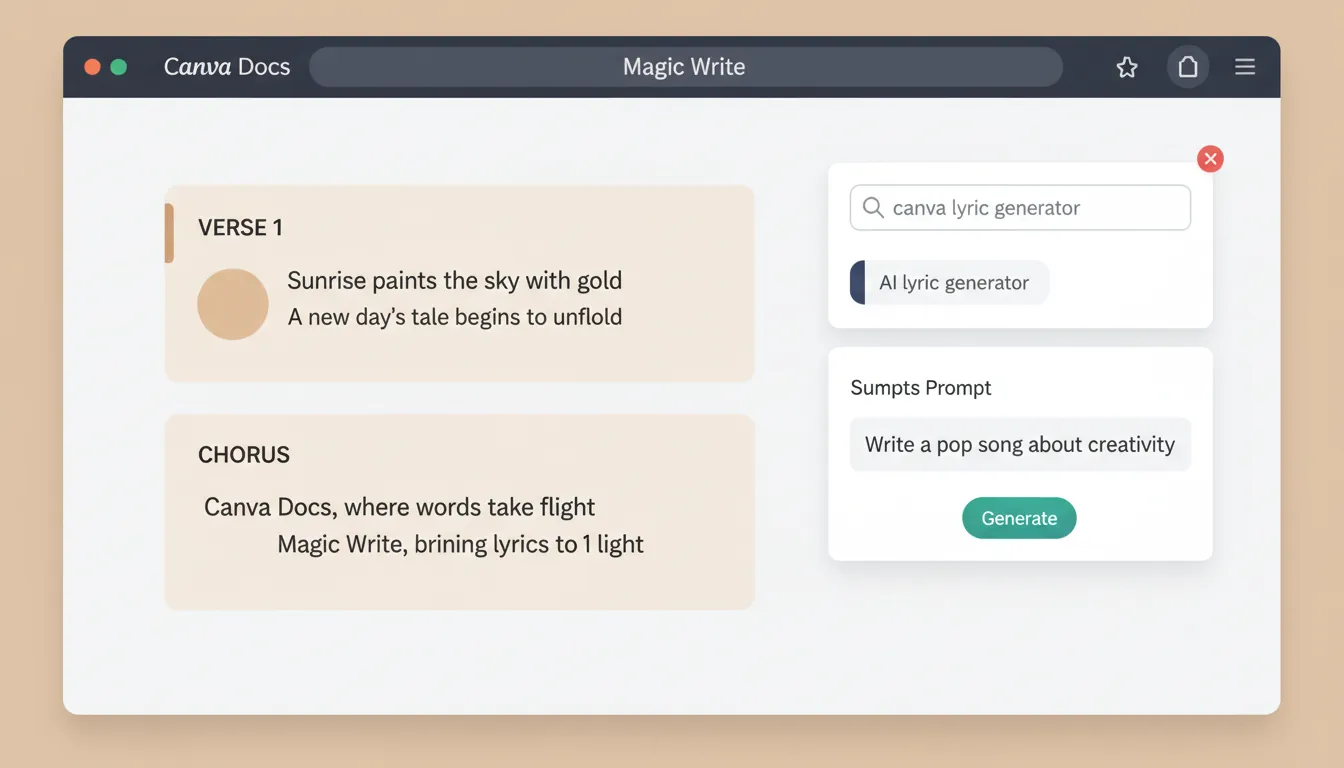 Canva lyric generator in Canva Docs Magic Write AI lyric generator interface