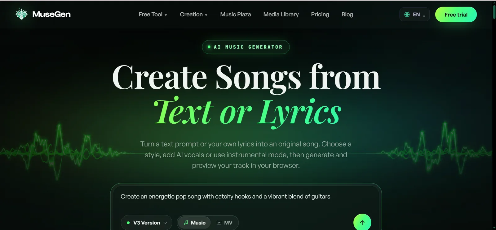 MuseGen homepage offering song creation from either a text description or lyrics