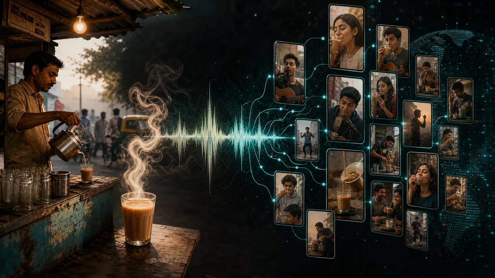 One tea-stall audio clip spreading into many phone screens as creators reuse the song on Reels