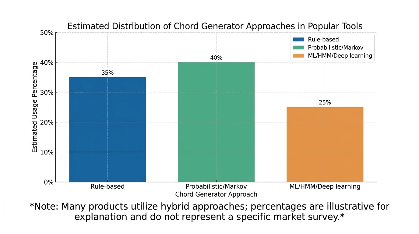 Bar chart showing estimated distribution of chord generator approaches used in popular tools: Rule-based 35%, Probabilistic/Markov 40%, ML/HMM/Deep learning 25%