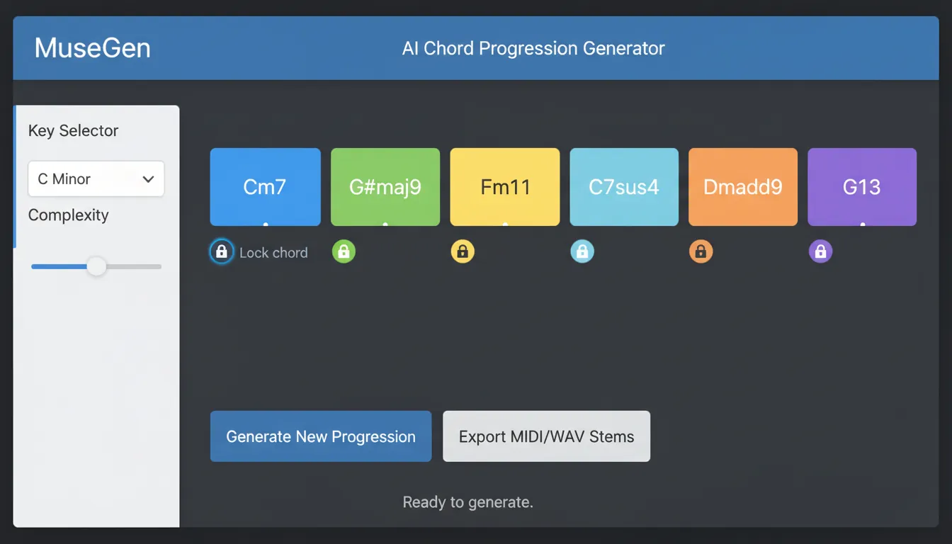 MuseGen chords generator AI chord progression generator export MIDI WAV stems