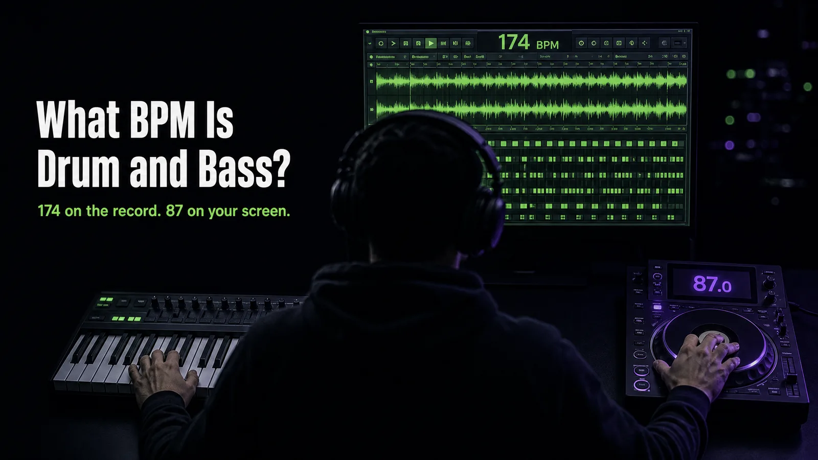 A producer seen from behind at a studio desk, a drum and bass project open on the monitor with its tempo field reading 174 BPM and a DJ deck beside it displaying 87