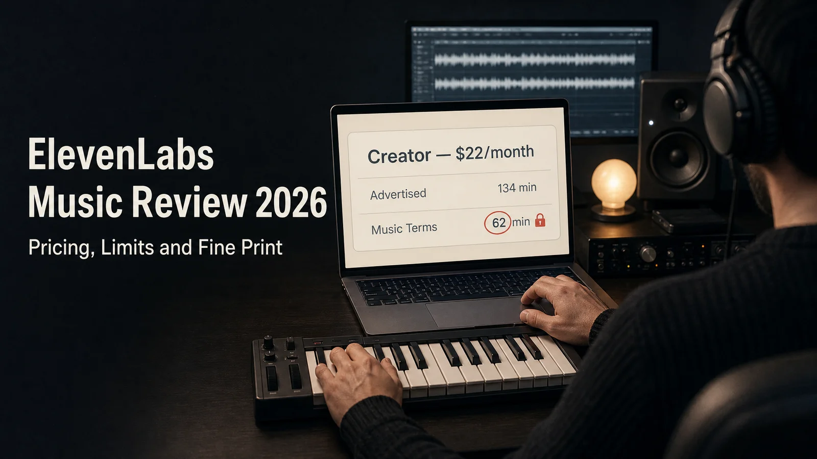 A music producer in studio headphones, seen over the shoulder, one hand on a MIDI keyboard and the other on a laptop trackpad. The laptop screen shows a plan card headed Creator, 22 dollars a month, with two rows: Advertised, 134 minutes, in grey, and Music Terms, 62 minutes, with the 62 circled in red ink and a small padlock beside it. A second monitor shows an audio waveform editor. On the dark left of the frame the title reads ElevenLabs Music Review 2026, with Pricing, Limits and Fine Print beneath it