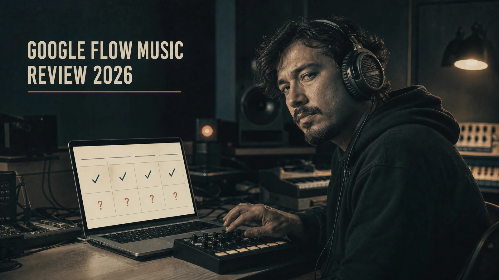 A music producer in studio headphones sits at a desk, one hand on a MIDI controller, looking toward camera. A laptop screen beside him shows a four-column comparison table: a top row of four identical blue checkmarks, and a row beneath it of four red question marks where a commercial-use answer would go