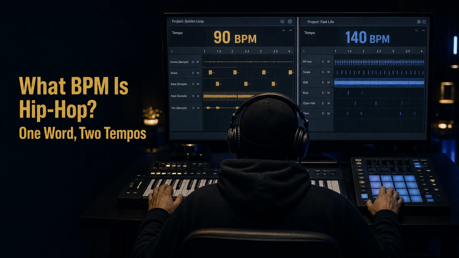 A producer seen from behind at a studio desk, two hip-hop projects open side by side on the monitor, one tempo field reading 90 BPM and the other 140 BPM
