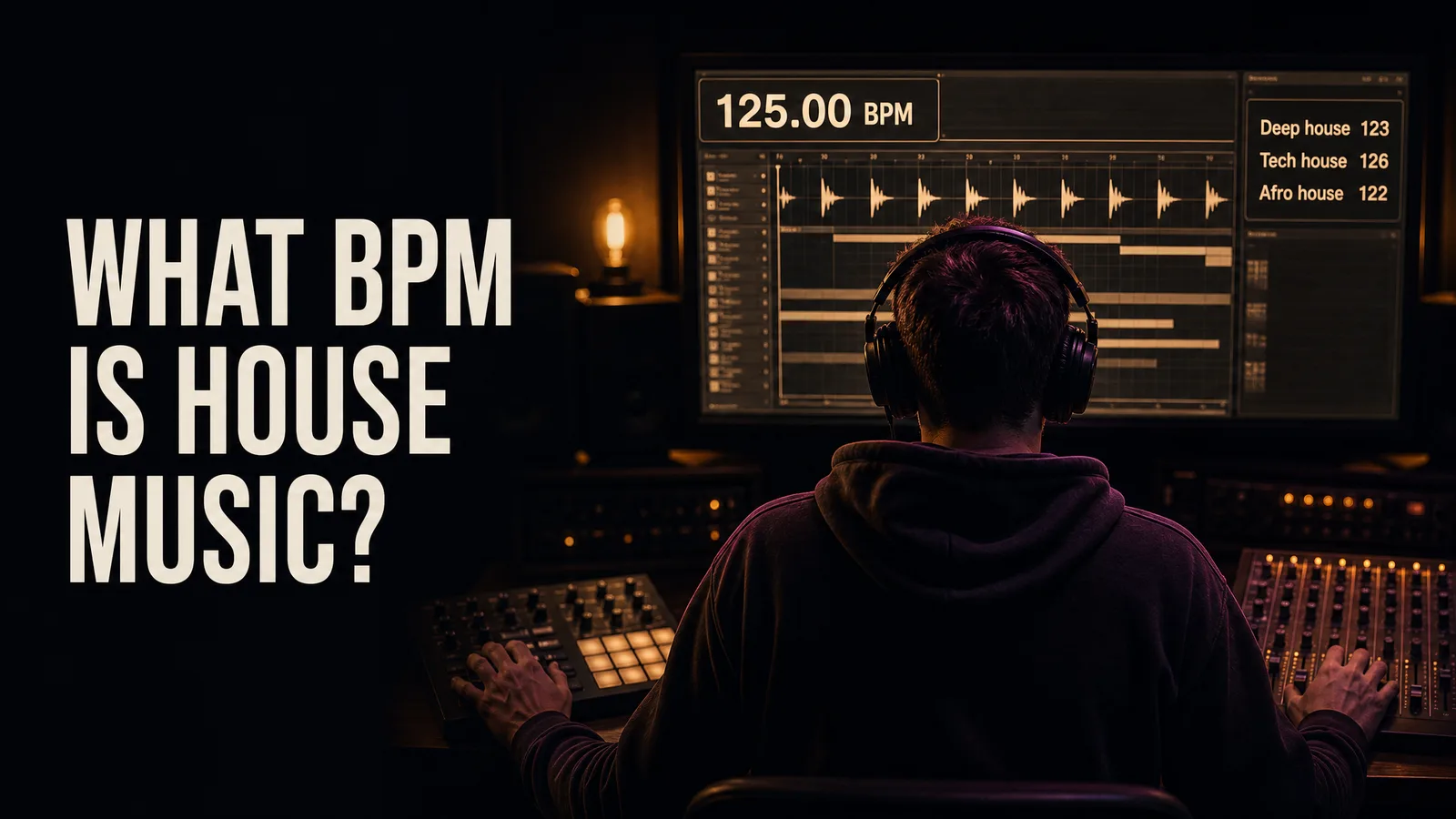 A producer seen from behind at a studio desk, a house track open on the monitor with its tempo field reading 125 BPM