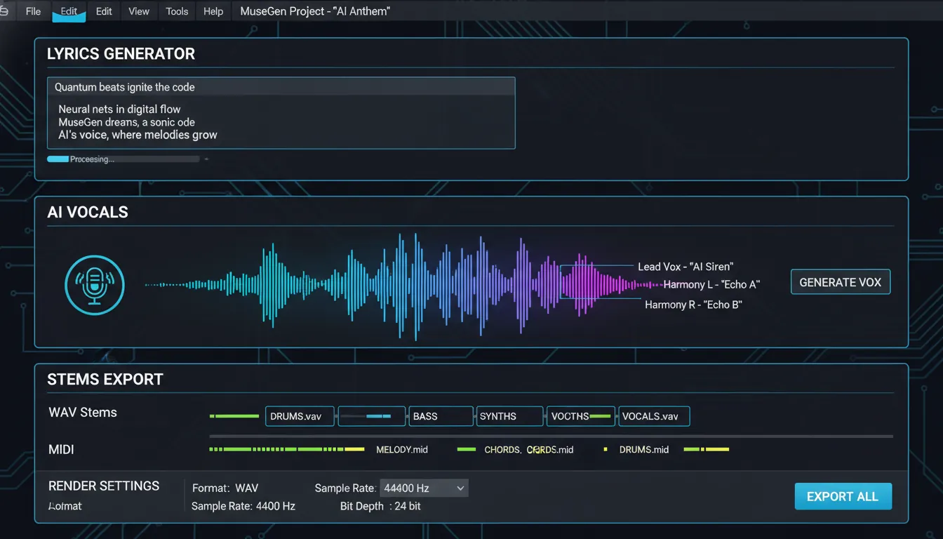 MuseGen lyrics generator AI vocal lyrics generator export WAV stems MIDI