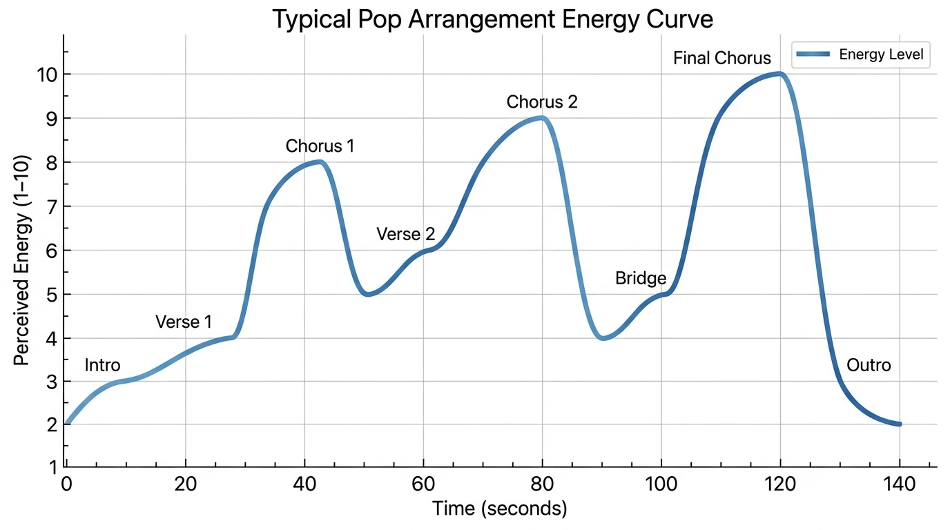 Line chart showing a typical pop arrangement energy curve over time