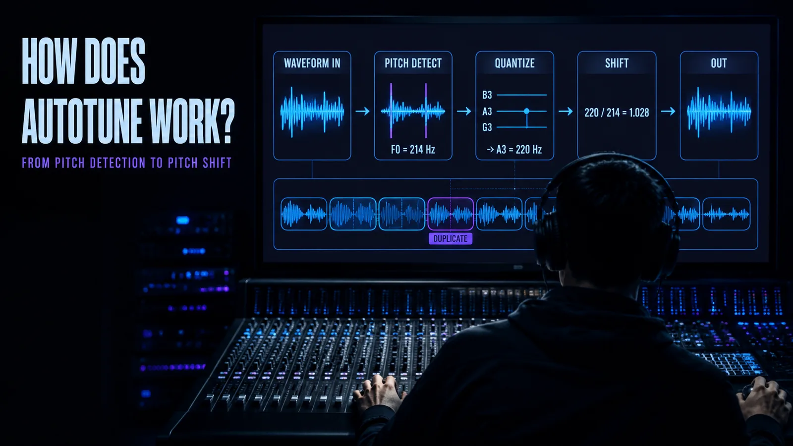 A producer at a console watching a signal flow diagram that runs from an incoming waveform through pitch detection and quantisation to a corrected output