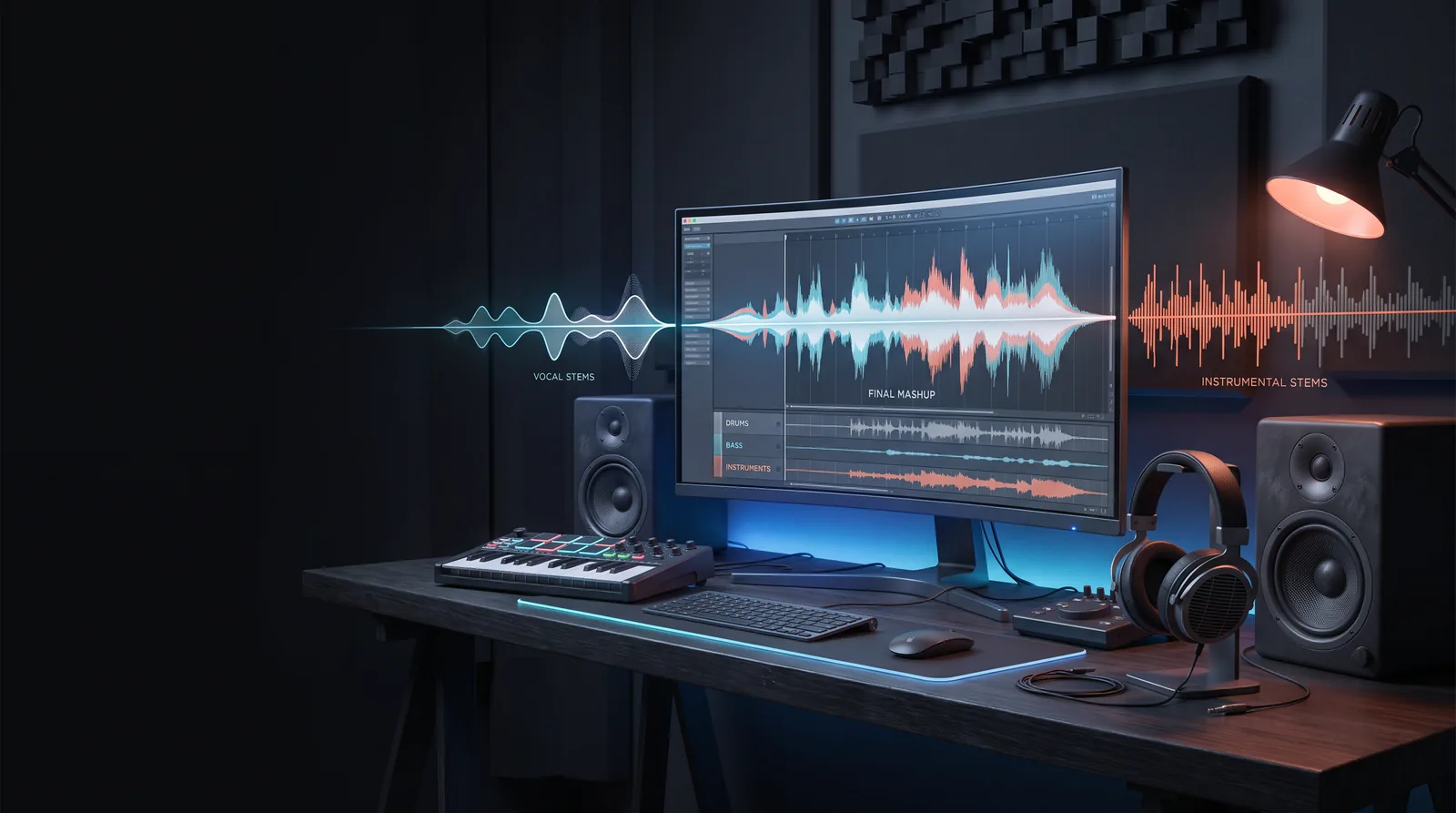 A producer's studio desk with a DAW showing a final AI song mashup, vocal stems flowing in from the left and instrumental stems from the right