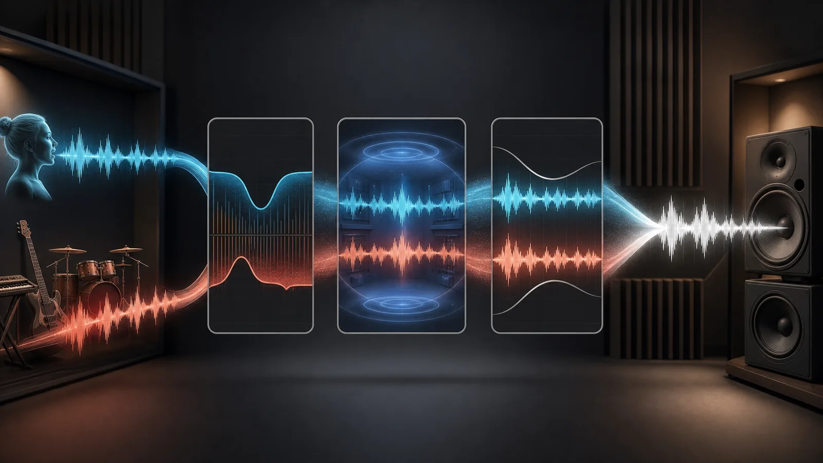A vocal and an instrumental passing through EQ, reverb and compression stages before combining into one cohesive mixed waveform at the speakers