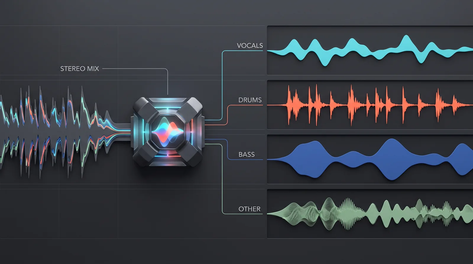 An AI model taking a single stereo mix on the left and splitting it into separate vocals, drums, bass and other stems on the right