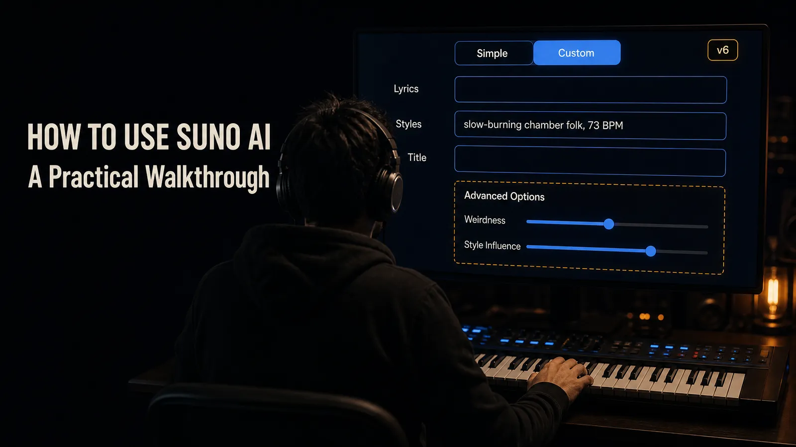 A producer seen from behind in a dark studio, headphones on, one hand resting on a MIDI keyboard, facing a monitor that shows a music generation form. The form has a mode switch reading Simple and Custom with Custom selected, a lyrics box, a style box, a title box, a model picker in the top-right corner reading v6, and two labelled sliders marked Weirdness and Style Influence