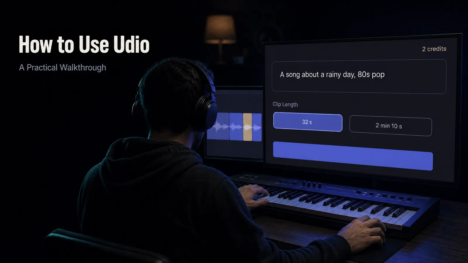 A producer seen from behind in a dark studio, headphones on, both hands on a MIDI keyboard, facing a monitor that shows a music generation form. The form has a prompt box, a clip length selector reading 32 seconds and 2 minutes 10 seconds with 32 seconds selected, and a credits counter in the corner. A second screen behind it shows a horizontal audio timeline split into four highlighted sections