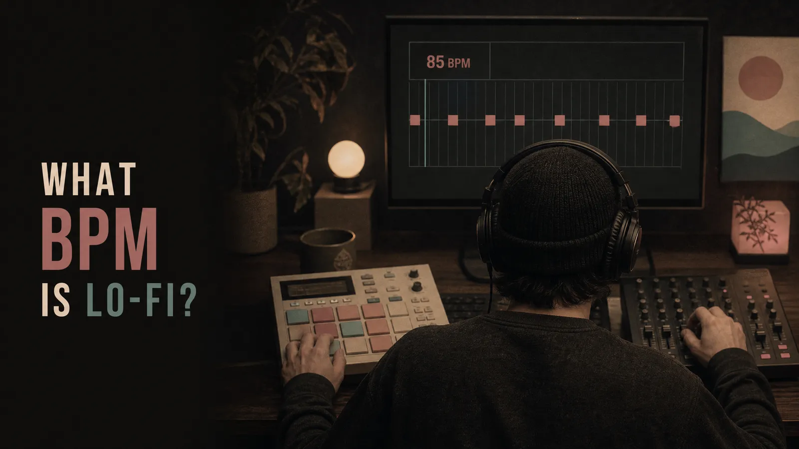 A producer seen from behind at a dim desk wearing headphones, one hand on a sampler pad and the other on a mixer fader, with a sequencer grid on the screen ahead showing 85 BPM and drum hits sitting visibly off the grid lines.