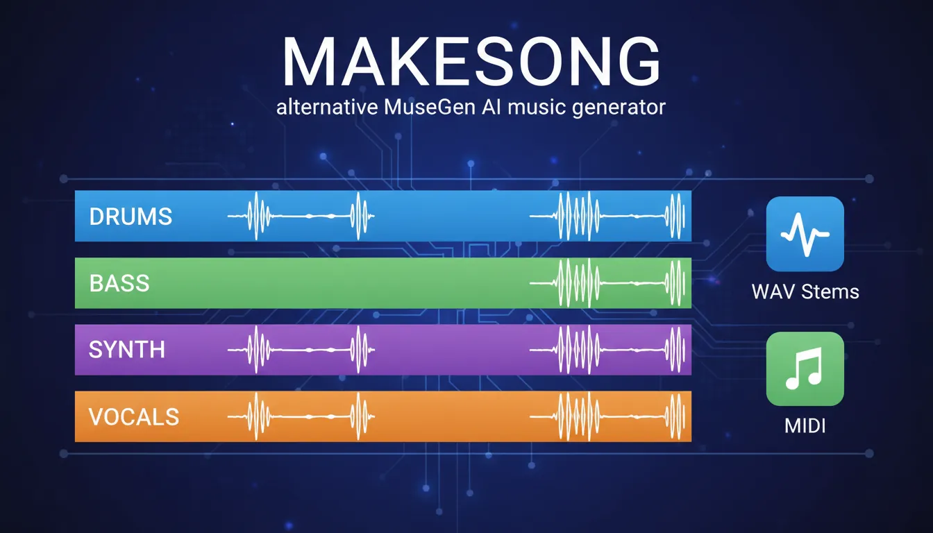 makesong alternative MuseGen AI music generator WAV stems MIDI export