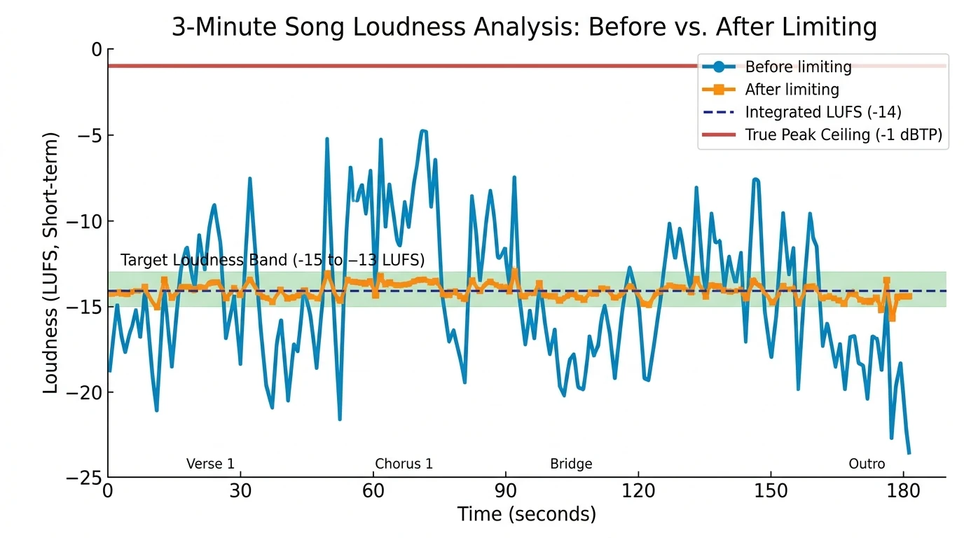 Line chart showing a 3-minute song's loudness over time with a target band highlighted, integrated LUFS, and true peak ceiling
