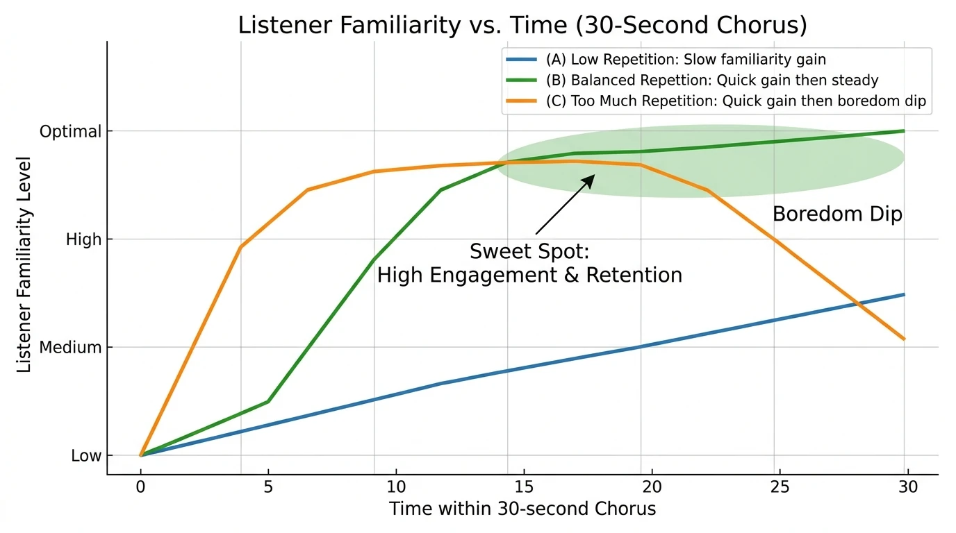 Line chart showing listener familiarity over time for low repetition, balanced repetition, and too much repetition
