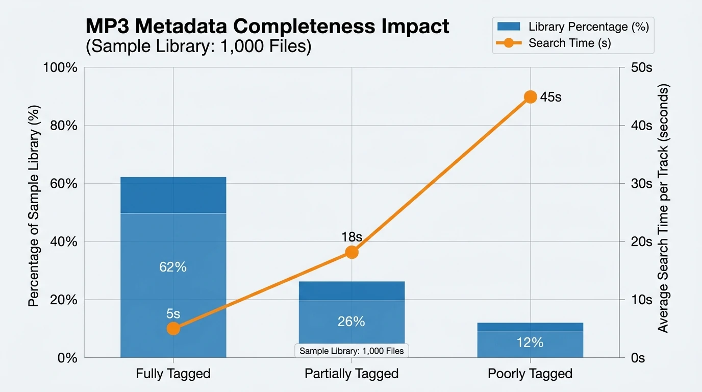 Bar chart showing MP3 metadata completeness impact with fully tagged, partially tagged, and poorly tagged files