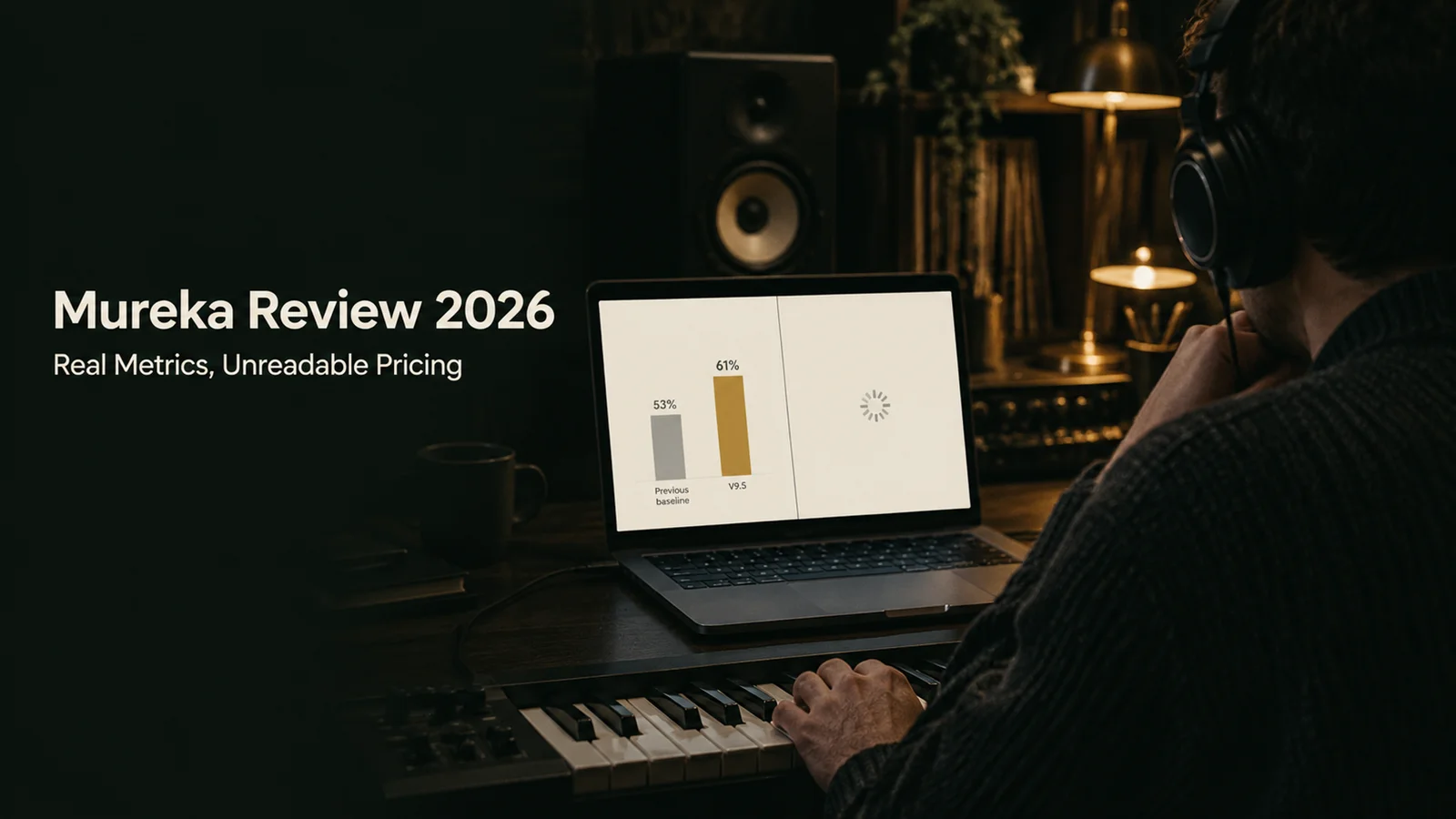 A music producer in studio headphones sits at a desk, one hand under his chin and the other on a MIDI controller, looking at a laptop screen split in two. The left half shows a two-bar chart labelled Previous baseline at 53% and V9.5 at 61%. The right half shows two small plan cards stacked one above the other, the top labelled Homepage, Basic, $8 and the bottom labelled Plan page, Pro, $8, with a red not-equal sign between them