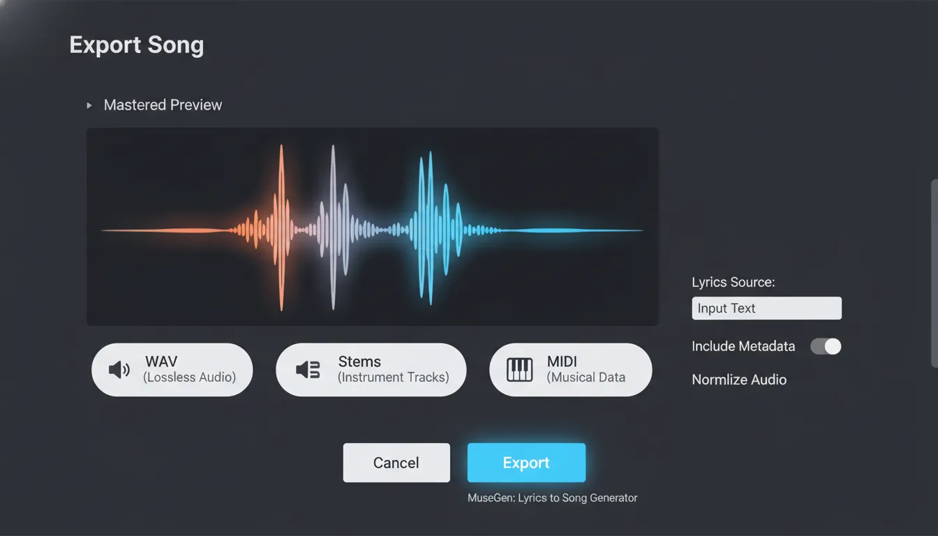 MuseGen music ly generator export WAV stems MIDI for lyrics to song
