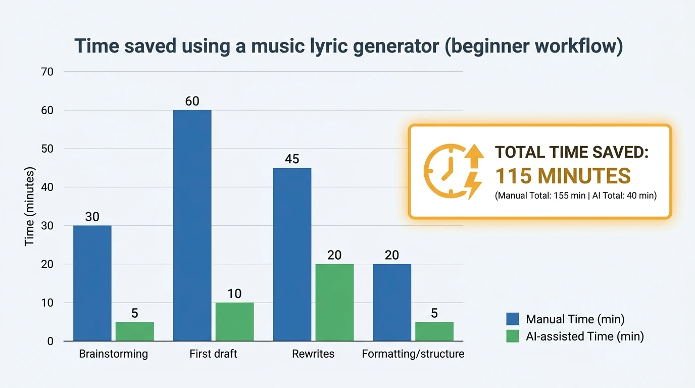 Bar chart showing Time saved using a music ly generator beginner workflow with manual vs AI task times